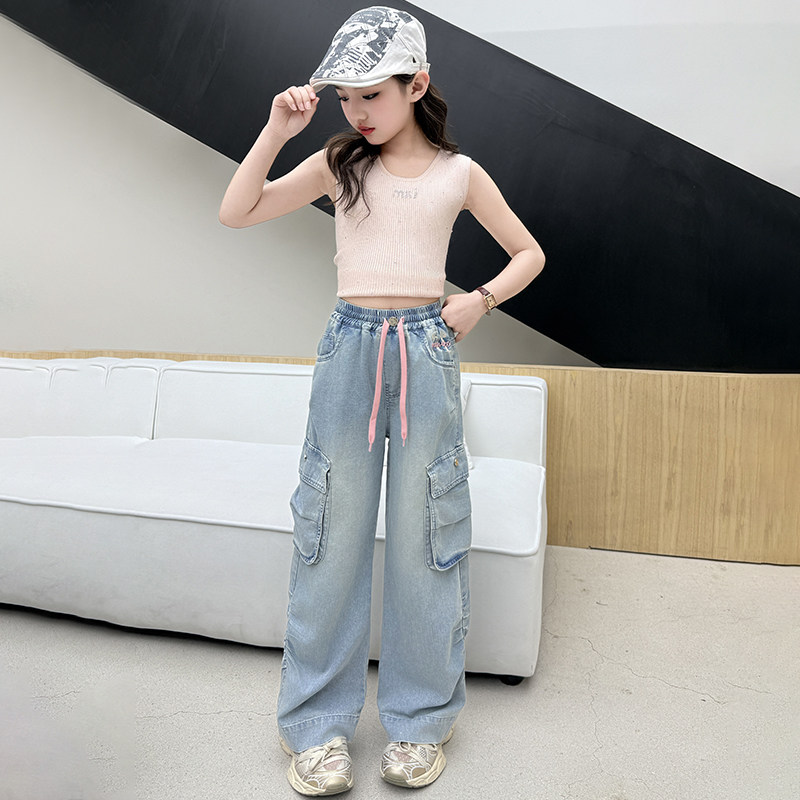 女童工装裤直筒韩版宽腿ins风新款穿搭拖地裤耐磨初春潮服休闲裤