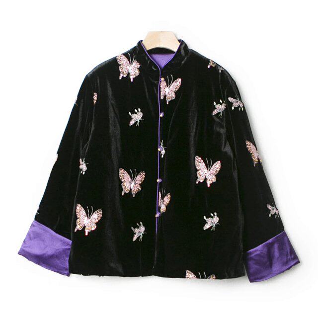 现货发【晓雯姐妹】手工钉珠蝴蝶 真丝丝绒棉服外套 WT3012