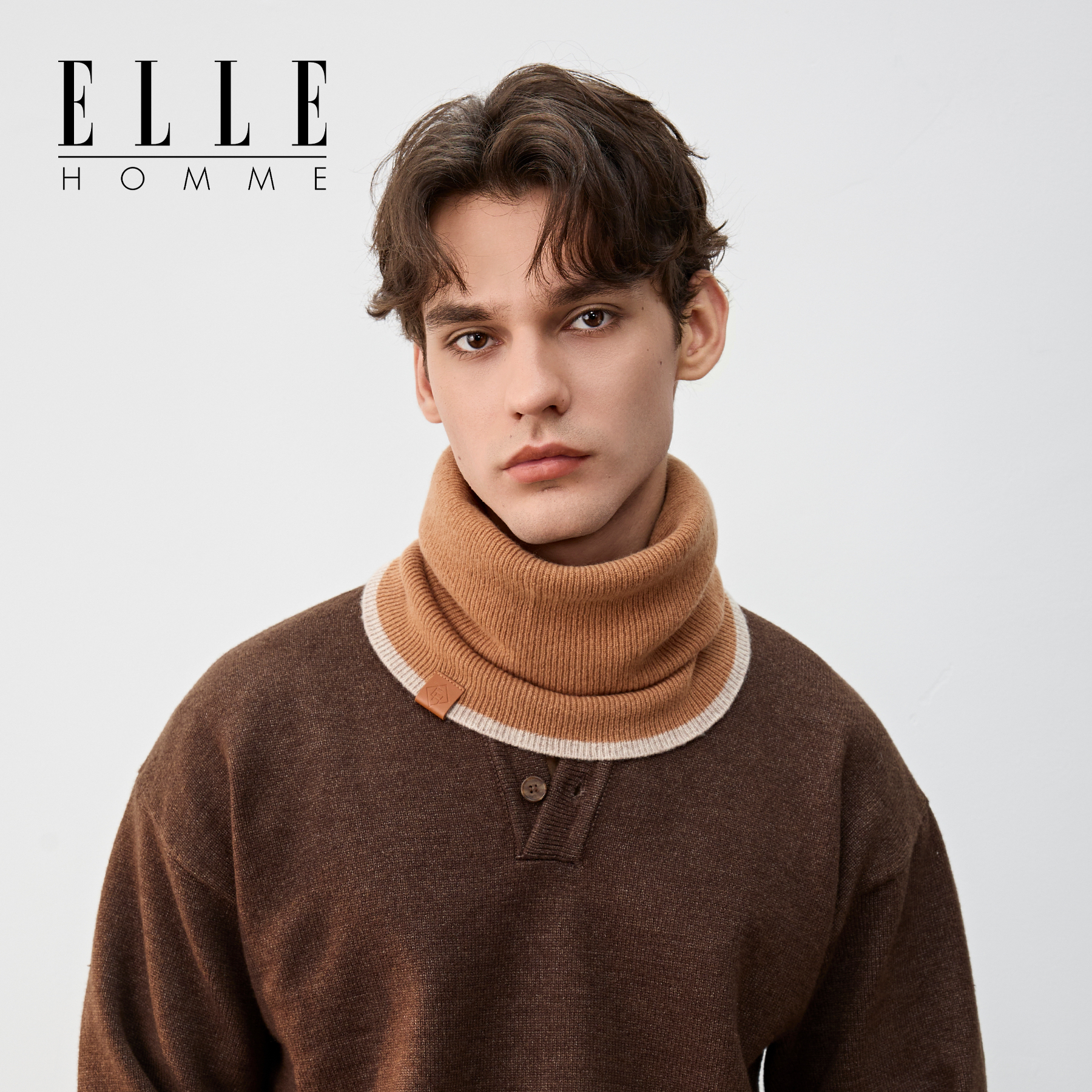 ELLEHOMME男士撞色羊毛针织围脖