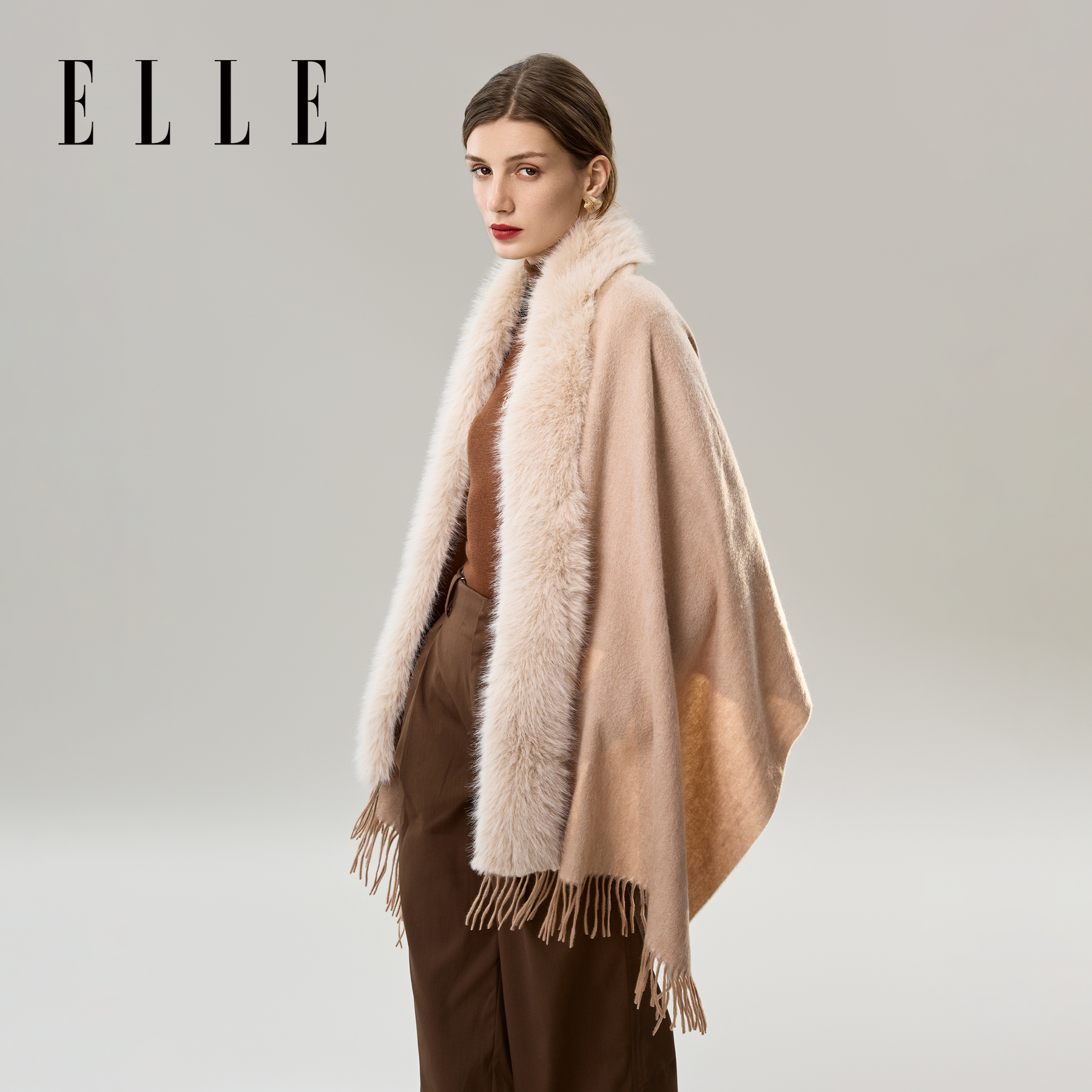 ELLE毛领羊毛披肩秋冬季