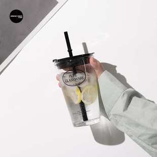 尤本家居鲸鸣玻璃吸管杯女高颜值办公室带盖咖啡杯夏季冷饮玻璃杯