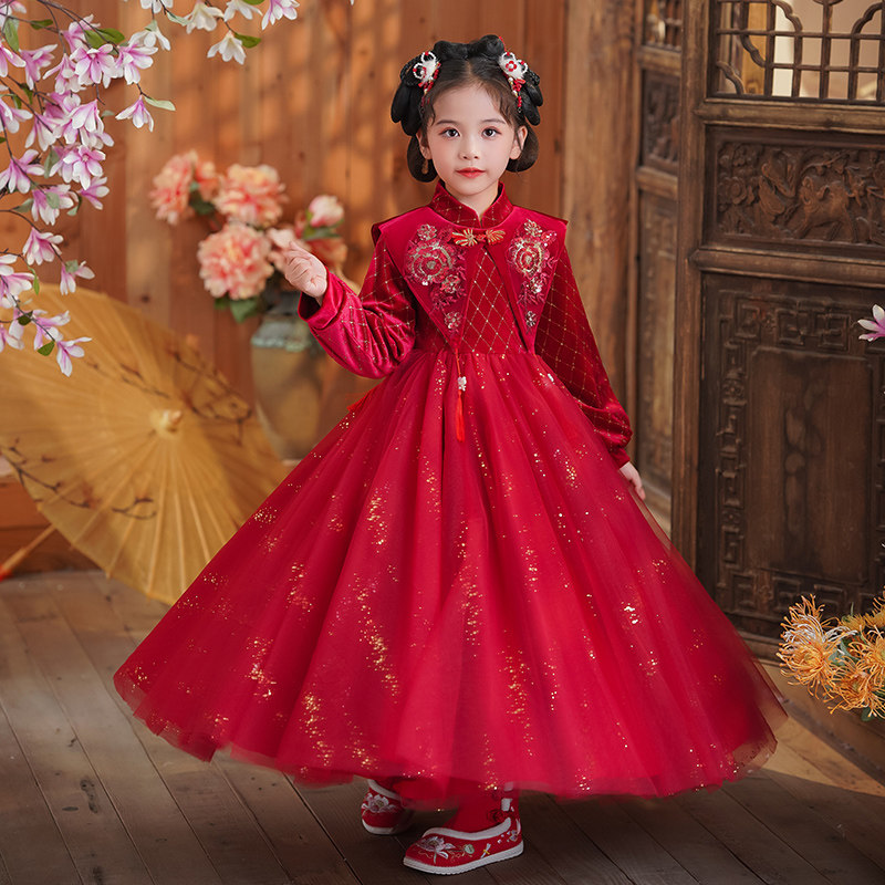 女童秋冬款汉服裙2024新款丝绒连衣裙小女孩中国风唐装古风裙子冬