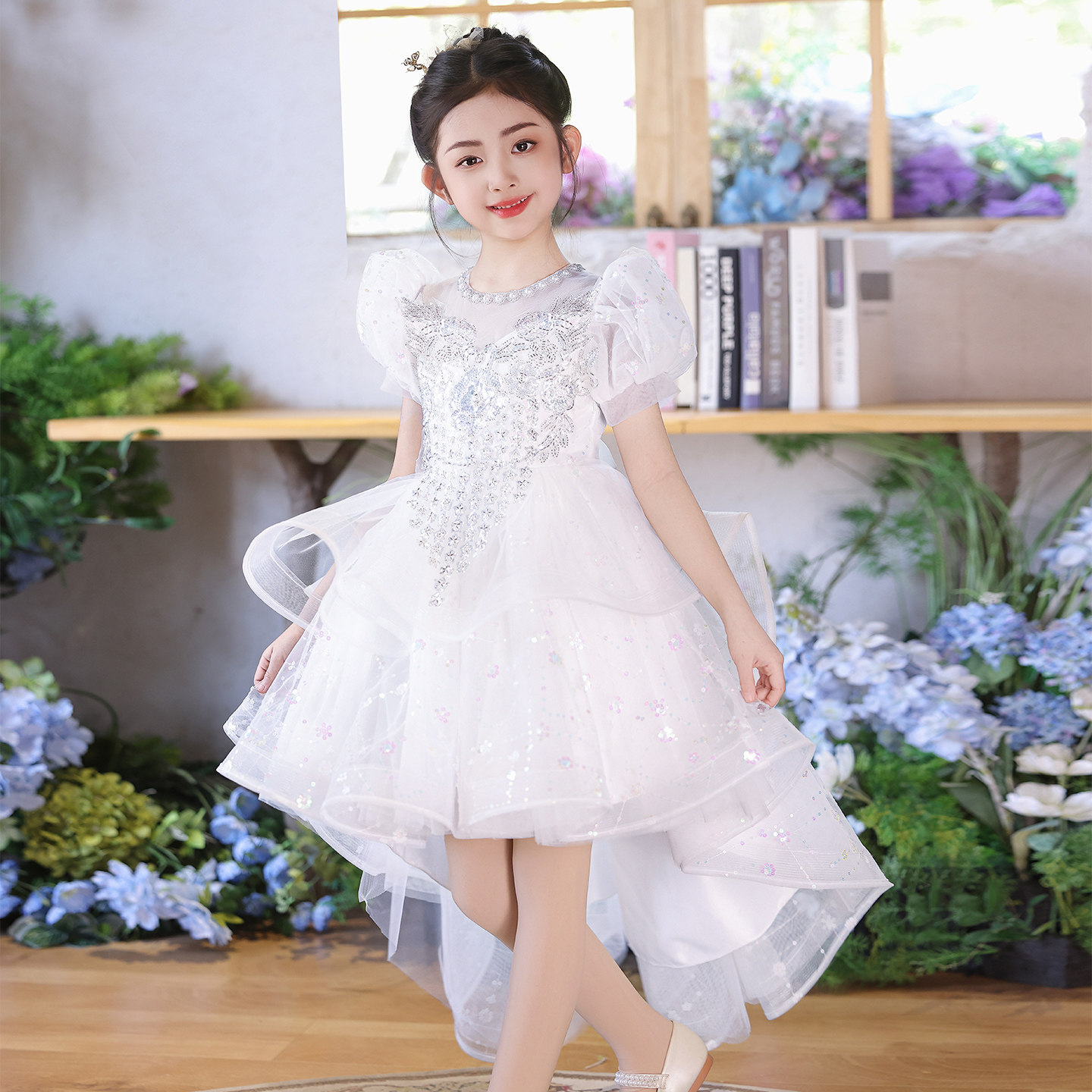 女童白色拖尾礼服裙儿童生日公主裙花童婚礼小女孩主持走秀演出服