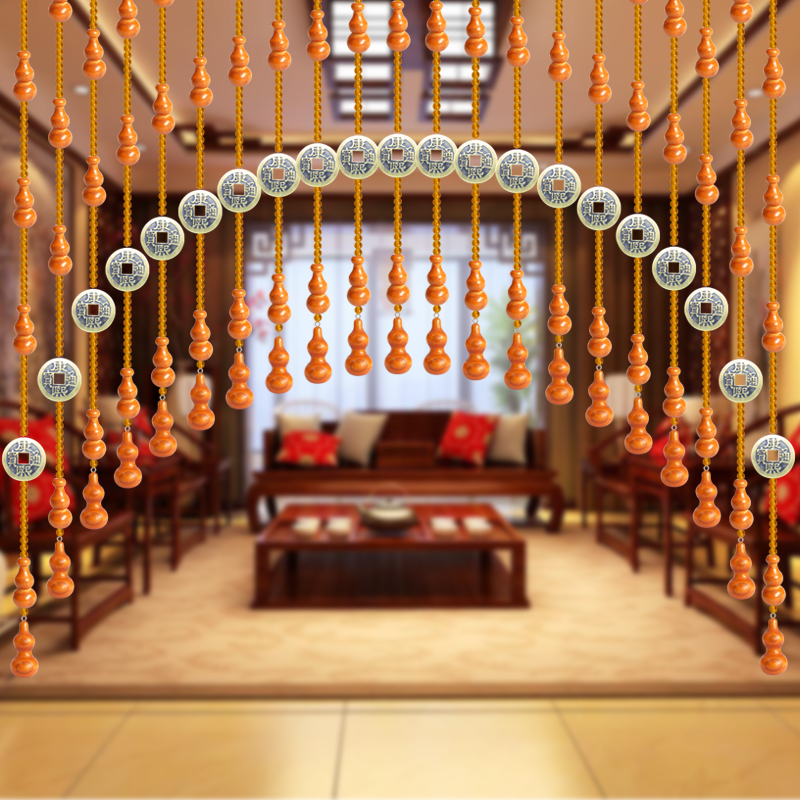 卧室水晶c门帘实木珠帘免帘子隔断中式卫生间打桃木葫芦家用挂帘