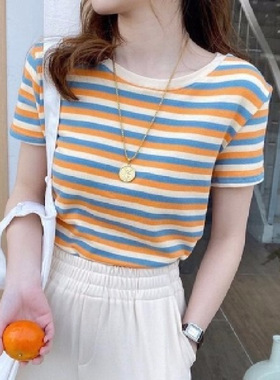 2022summer women casual stripe t shirts ladies blouse tops女