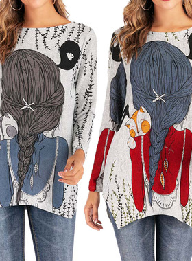 autumn casual T 欧美速卖通圆领长袖卡通印花宽松针织套头上衣女