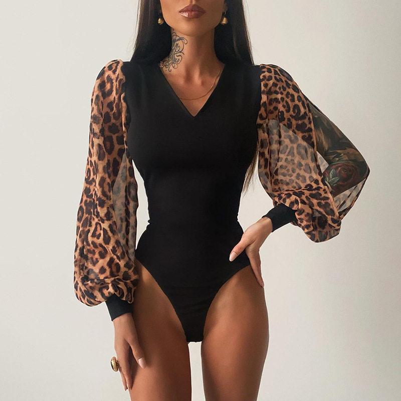 women sexy bodysuit欧美性感V领破袖子豹纹拼接紧身长袖连体T恤