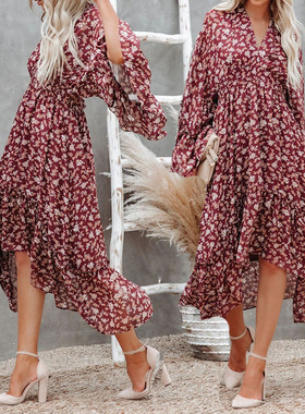 irregular beach dress欧美秋季红色V领碎花喇叭长袖不规则长裙