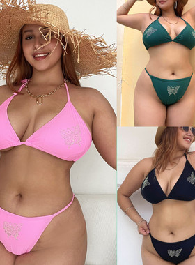 Plus sizes bikini swimsuit欧美女士性感大码水钻绑带比基尼泳衣