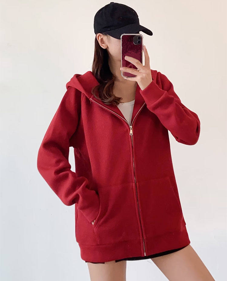 欧美宽松显瘦加厚长袖连帽拉链开衫卫衣外套女秋冬季纯色薄绒上衣