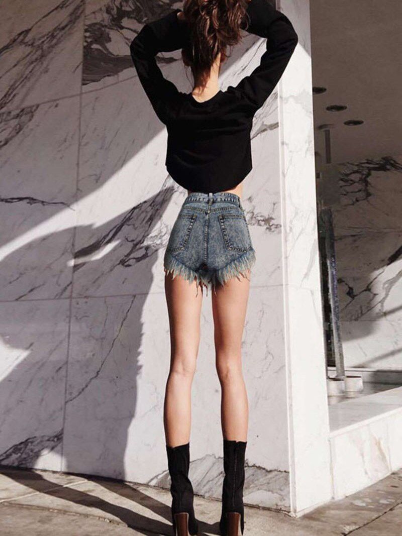 欧美辣妹高腰显高显瘦流苏毛边破洞小个子xs牛仔超短裤热裤女夏季