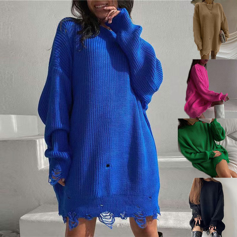 woman hole sweater欧美秋冬时尚破洞圆领流苏纯色中长套头毛衣女