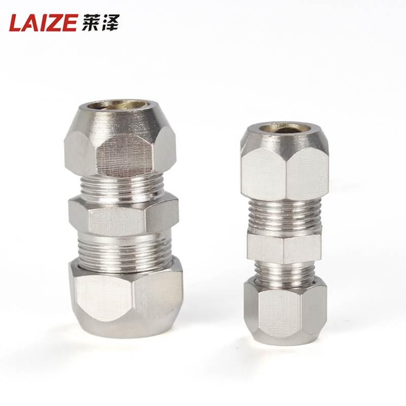 铜镀镍卡套接头中间等径直通变径异径二通转换大小头PG6-4/8-12mm