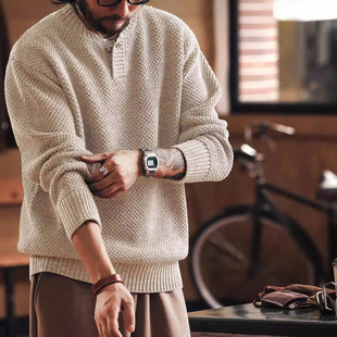 大码美式重磅亨利领粗针毛衣士秋冬新款老钱枫加厚保暖硬汉针织衫