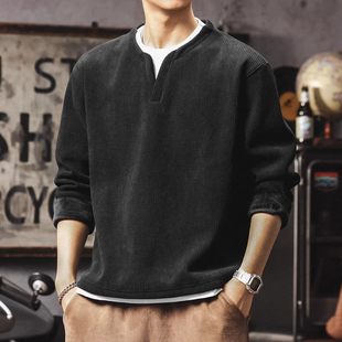 复古华夫格亨利衫 大码 潮牌v领上衣美式 t恤男士 打底卫衣 假两件长袖