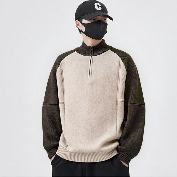 大码拼色插肩袖秋冬新款毛衣男复古拼接撞色半高领拉链加厚针织衫