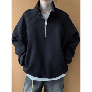 大码300斤港式立领卫衣男加肥重磅宽松休闲春秋冬加绒半拉链外套