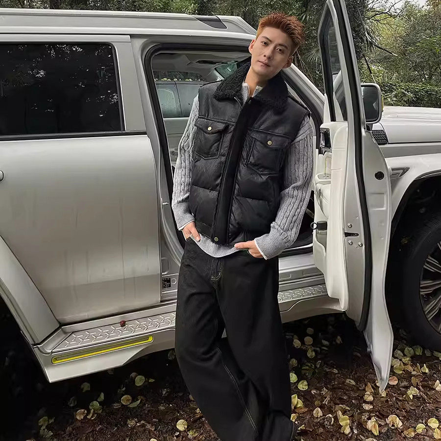 大码设计感荔枝纹理冬季潮牌翻领马甲男宽松休闲皮毛一体无袖外套,男装,常规马甲,淘宝优惠券,粉丝福利购,淘宝优惠卷