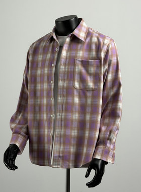 大码美式潮牌紫色格子翻领长袖衬衫男春季格纹衬衣宽松休闲外套潮