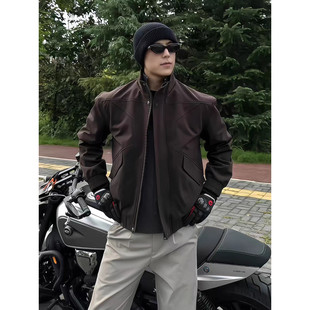 大码 复古立领机车服男秋boxy廓形显肩宽夹克硬汉风底特律外套 美式