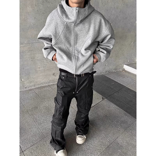 男 卫衣帽衫 大码 300斤秋冬解构拼接重磅弯刀裁剪连帽Boxy短宽开衫