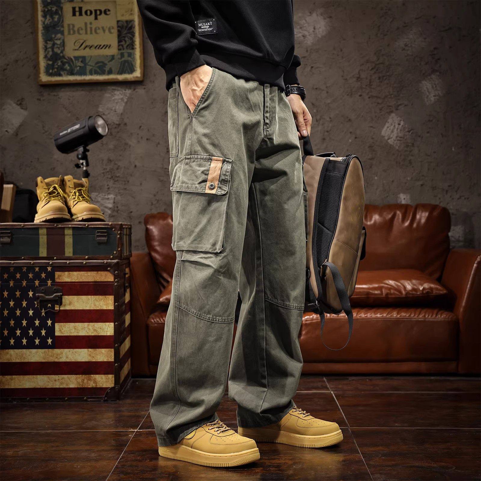 大码美式复古纯棉高端工装裤男士春秋新款军绿色宽松直筒休闲裤子,男装,休闲裤,淘宝优惠券,粉丝福利购,淘宝优惠卷
