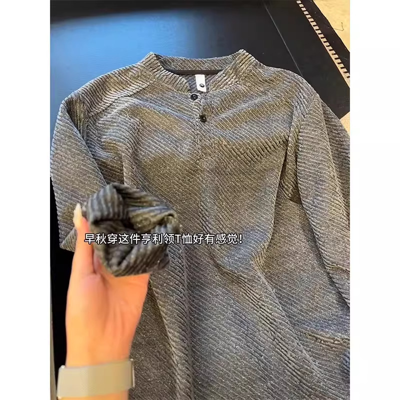 大码小香风亨利领提花重磅卫衣