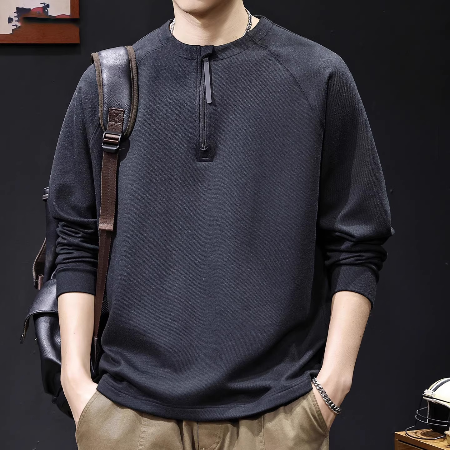 大码美式复古半拉链圆领长袖t桖男士卫衣秋冬季潮牌休闲柔软衣服