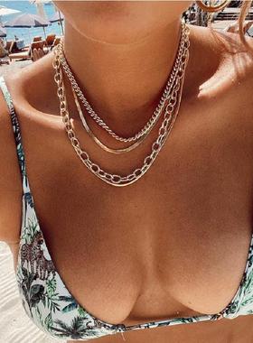 欧意四层锁骨链颈链女 时尚朋克风多层粗链条叠戴项链