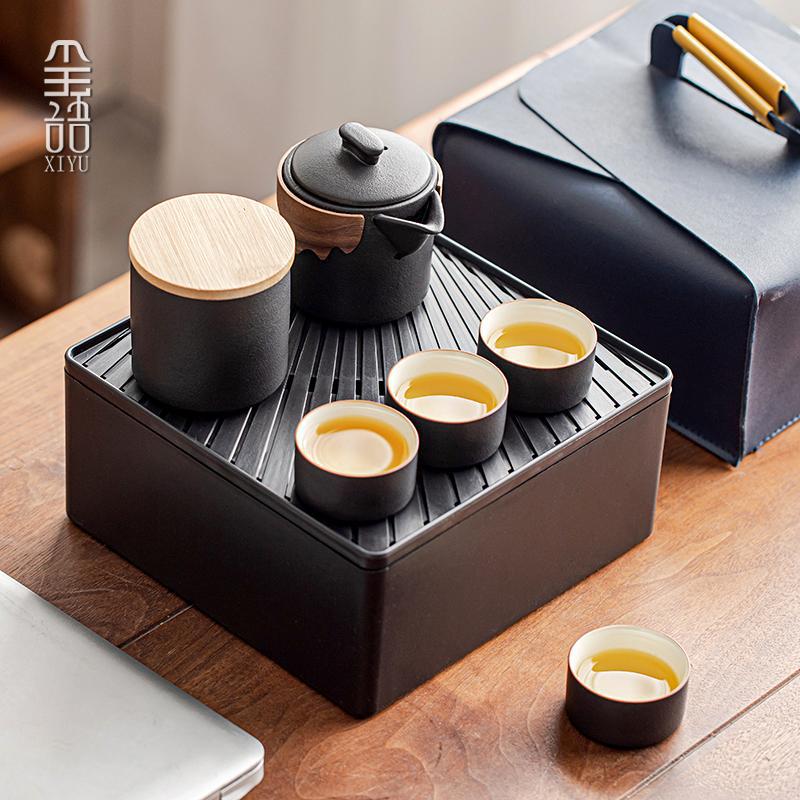 粗陶式旅行茶具套装高档户外功夫茶具快客杯一壶四杯带茶盘