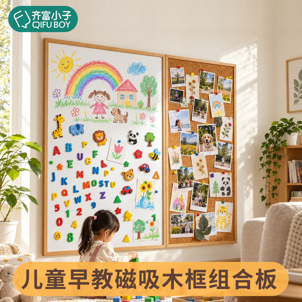 齐富小子磁吸珐琅板白板黑板墙实木框软木板照片展示板儿童涂鸦留言磁吸记事板板环保无异味可擦写可定制
