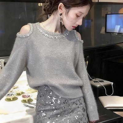 初冬灰色亮片套头毛衣内搭轻奢高级感可外穿针织衫露肩圆领上衣女
