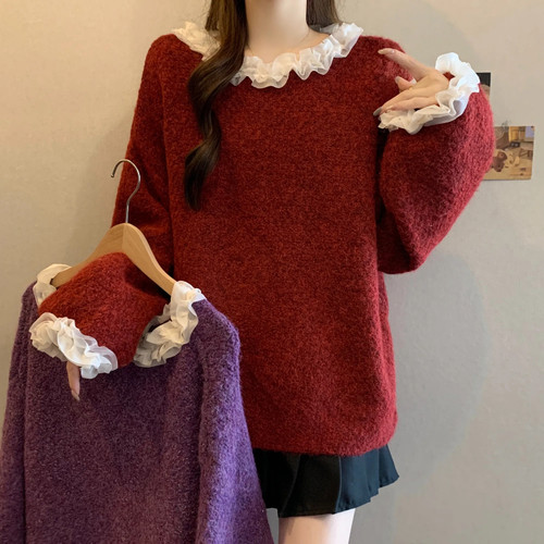 圣诞过年红色毛衣新年上衣时髦时尚洋气花边大码宽松遮肚子藏肉