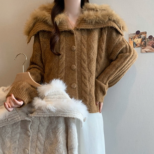 海军领仿狐狸毛领拼接麻花针织开衫 实拍2025冬季 韩版 大码 外套 新款