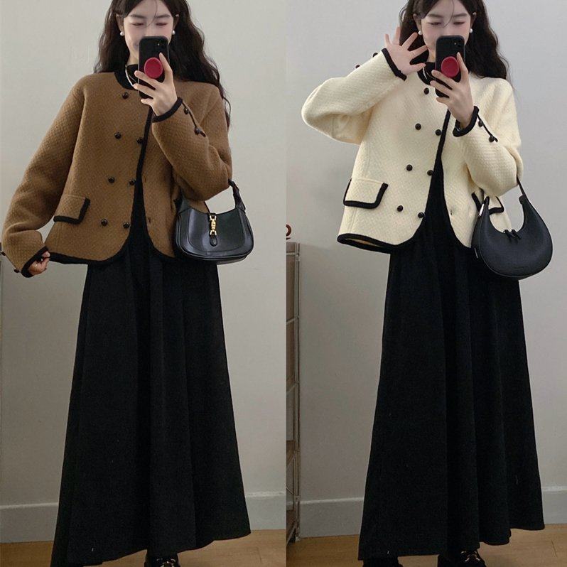实拍大码秋冬新款小香风双排扣撞色包边针织外套高腰半身裙两件套
