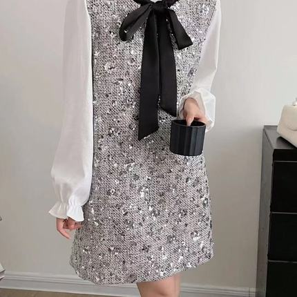 荷叶领衬衫+小香风粗呢钉珠背心裙2025秋高级感名媛气质两件套