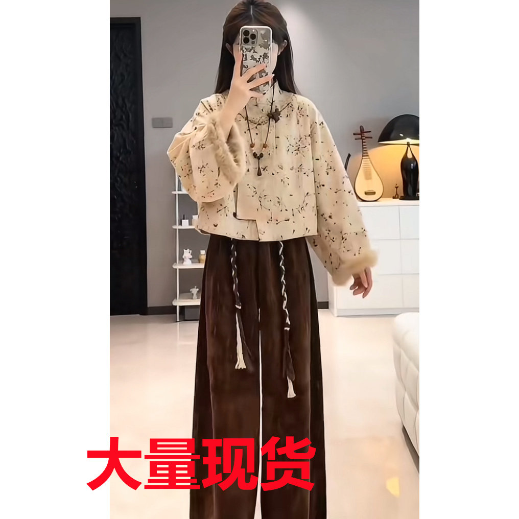 2025流行穿搭一整套女秋冬季新中式国风提花上衣高腰阔腿裤两件套