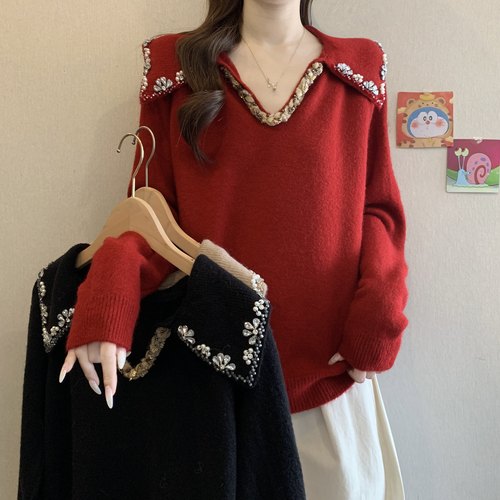 圣诞过年法式翻领重工镶钻V领毛衣女冬胖MM宽松显瘦气质百搭上衣