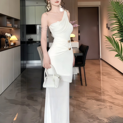 instahot 法式白色抹胸礼服裙女夏季性感不规则修身生日宴会长裙