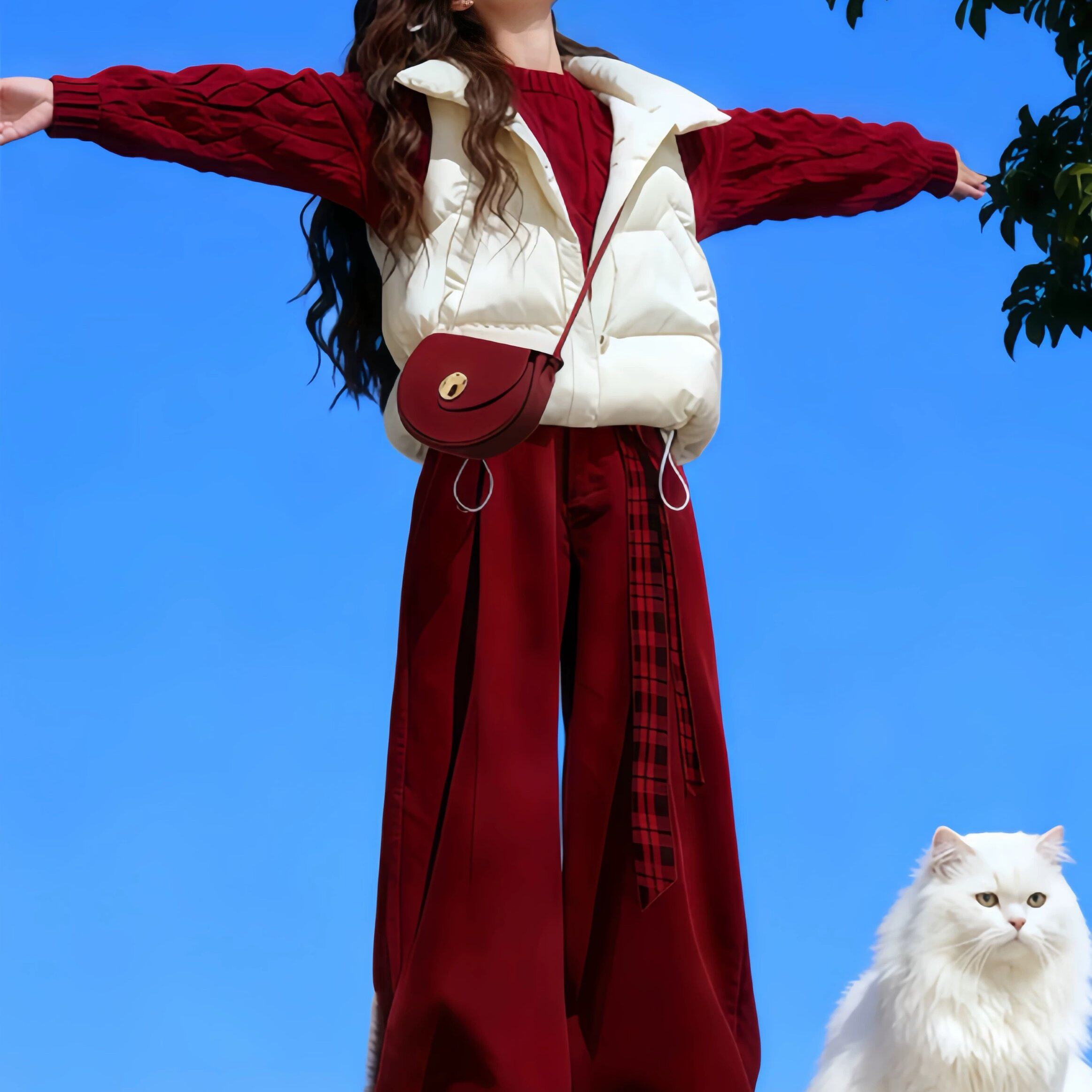 秋冬季穿搭套装女士红色氛围感毛衣保暖马甲外套阔腿休闲裤三件套