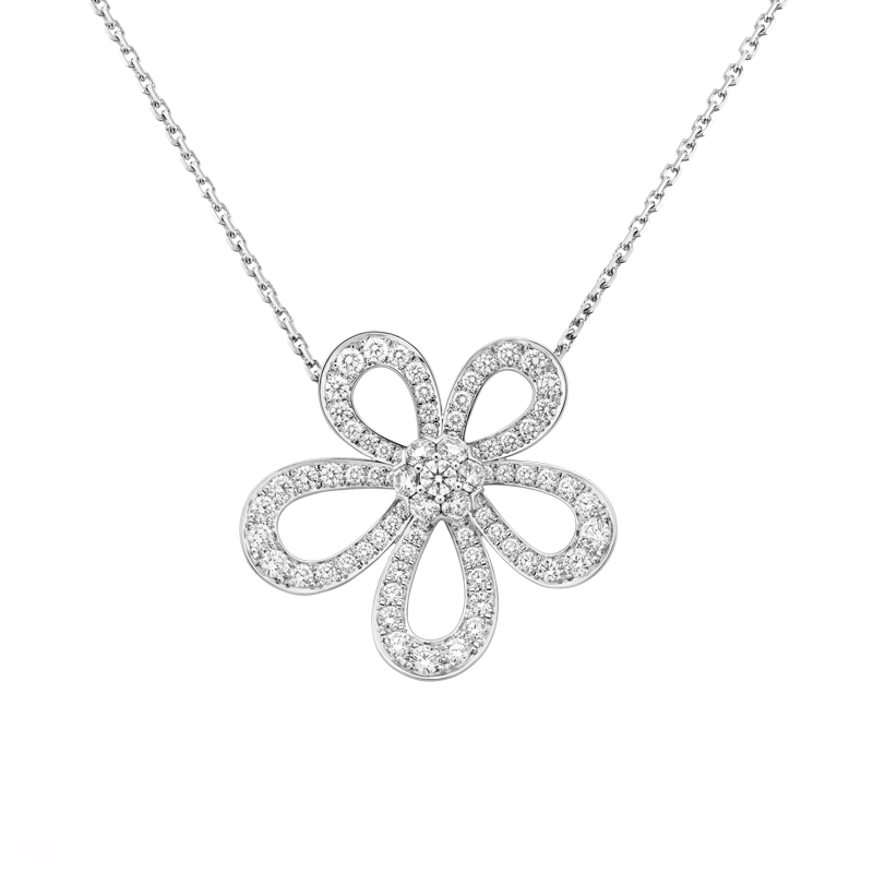 18k金人工培育钻石项链女五瓣花朵锁骨链太阳花吊坠AU750铂金白金