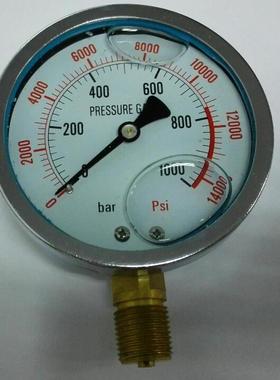 径向双刻度大量程高压耐震压力表1000bar/14000psi注油耐震压力表