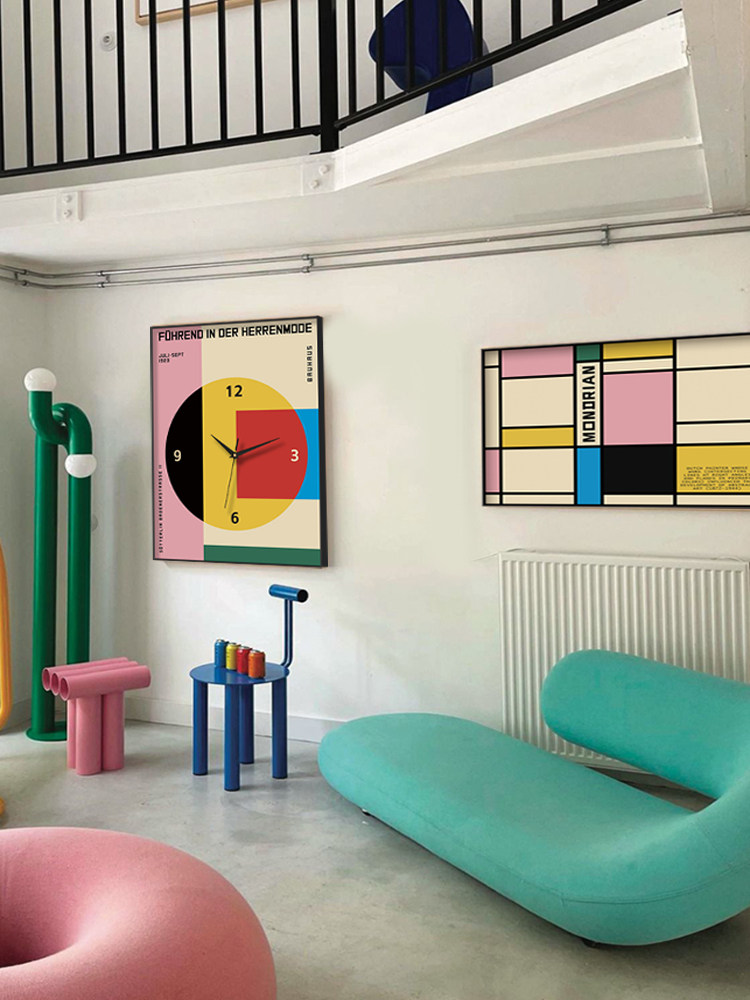 现代彩色极简海报风ins包豪斯横款电表箱装饰画挂钟客餐厅时钟画