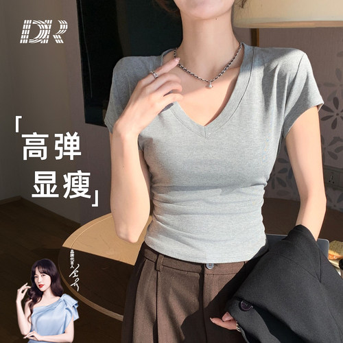 【佳慧直播间】正肩短袖女夏季薄款掐腰褶皱显瘦百搭V领T