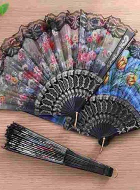 手摇折叠扇塑料花边扇子孔雀扇黑色扇骨中国风布扇子开屏扇