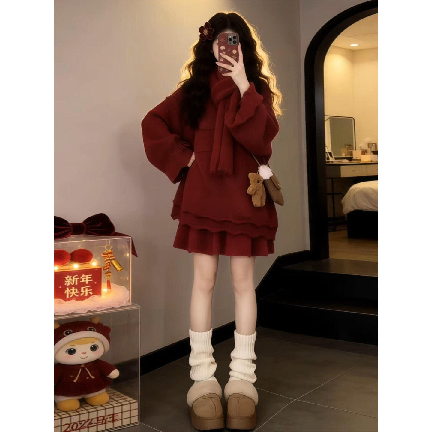 2026新款独特漂亮的红色毛衣洋装子女秋冬季新年穿搭氛围感套装