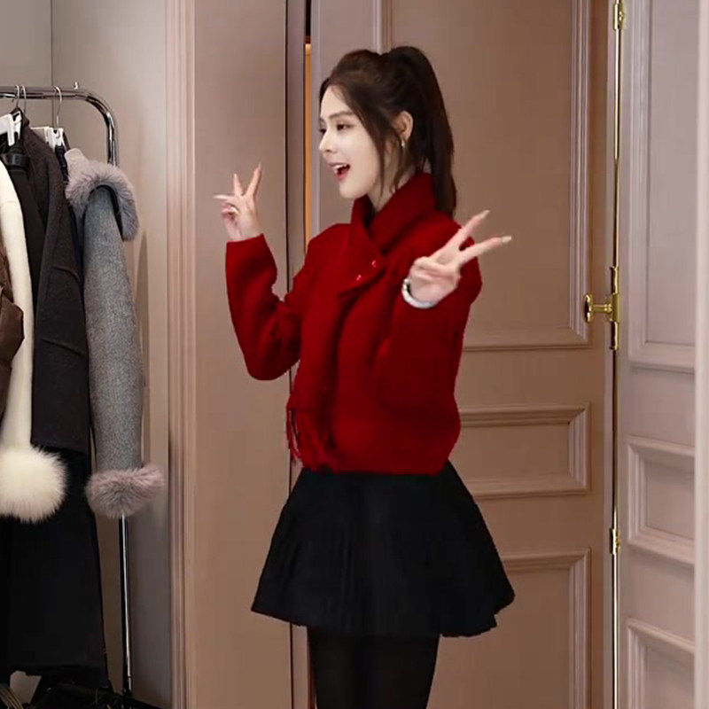 张元一同款女装慵懒风气质红色针织毛衣秋冬款别致洋派软糯糯上衣