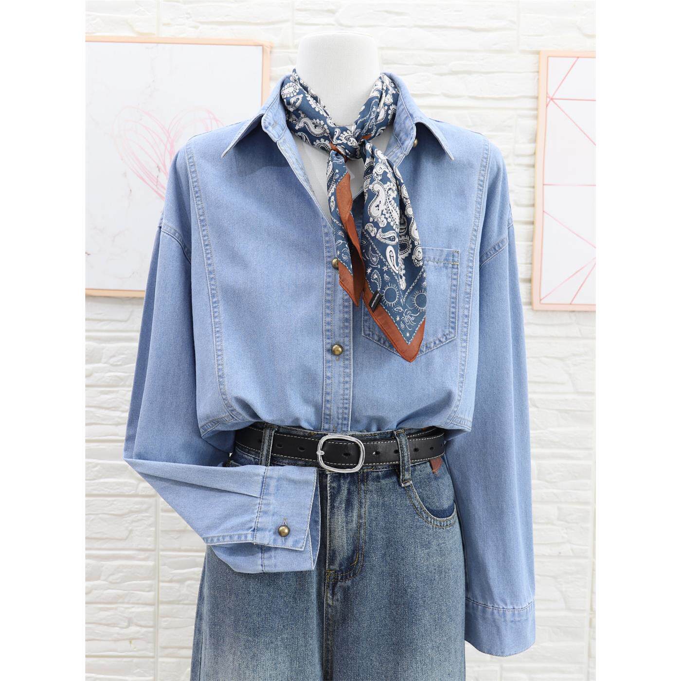 浅蓝色覆古牛仔衬衫女秋装内搭叠穿2025新款落肩宽松港风衬衣外套