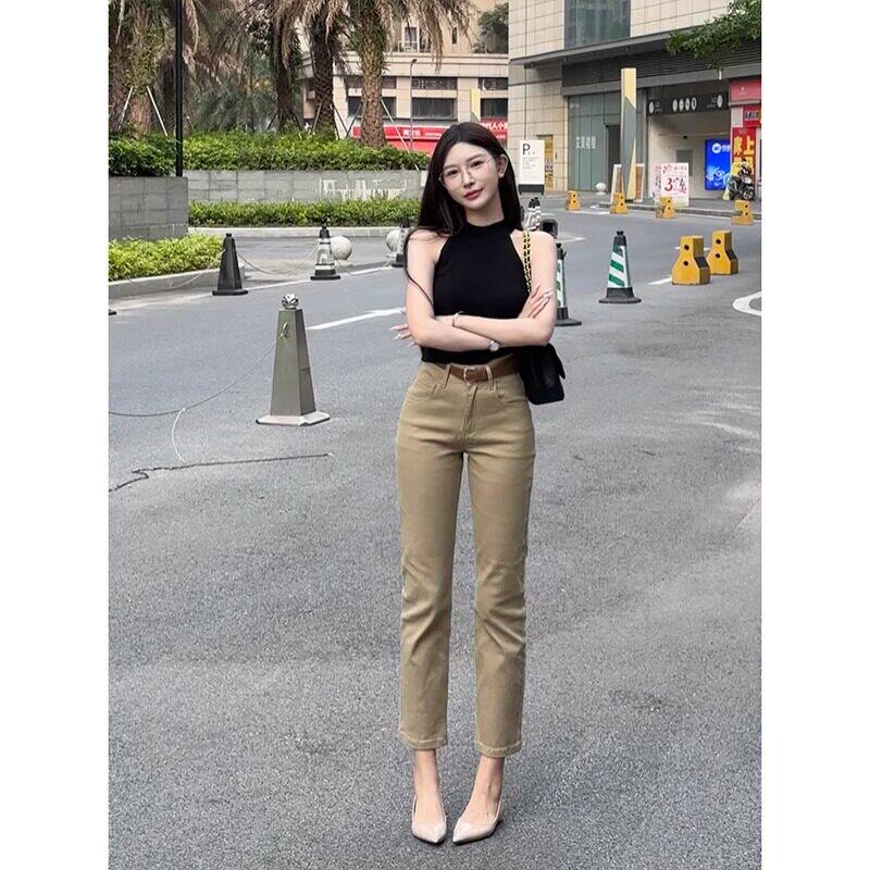 卡其色老钱风九分直筒牛仔裤女2025春秋新款秋季高腰弹力九分裤子