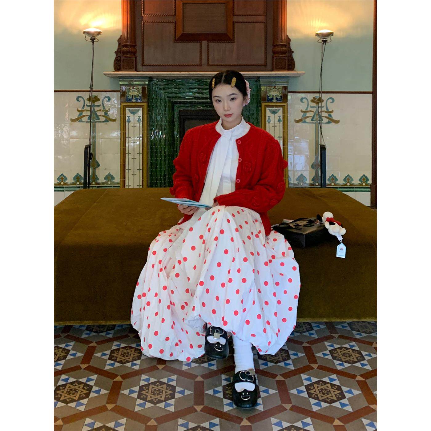 古早日杂穿搭红色波点蓬蓬花苞泡泡裙多巴胺千禧风长款半身裙秋季